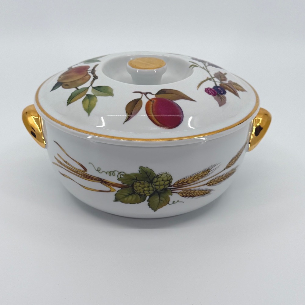 Vtg Royal Worcester Evesham Casserole Serving Dish Fruit Gold Trim Fine China